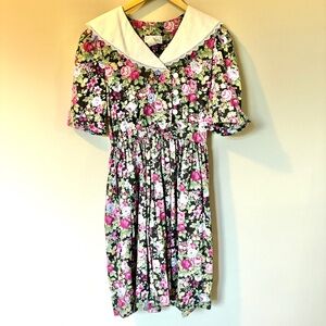 Miss Dorby Vintage Floral Black and Pink Dress Lace Collar Button Down Size 12